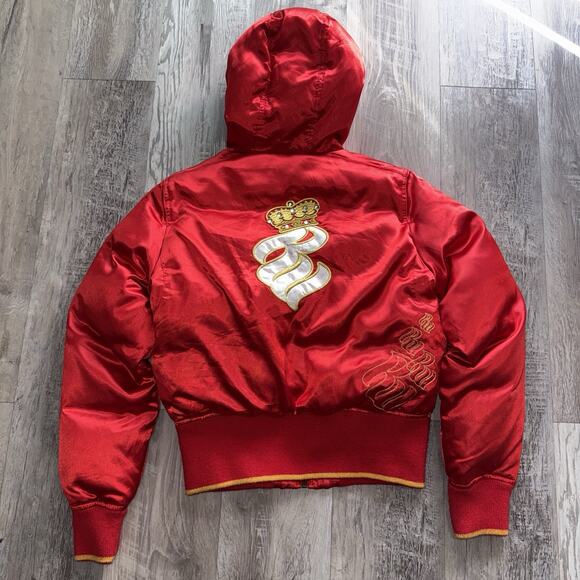 Y2K Puffy Jacket Womens Medium Red Puffer Faux Fur Hood Feather Winter Coat - Picture 2 of 14